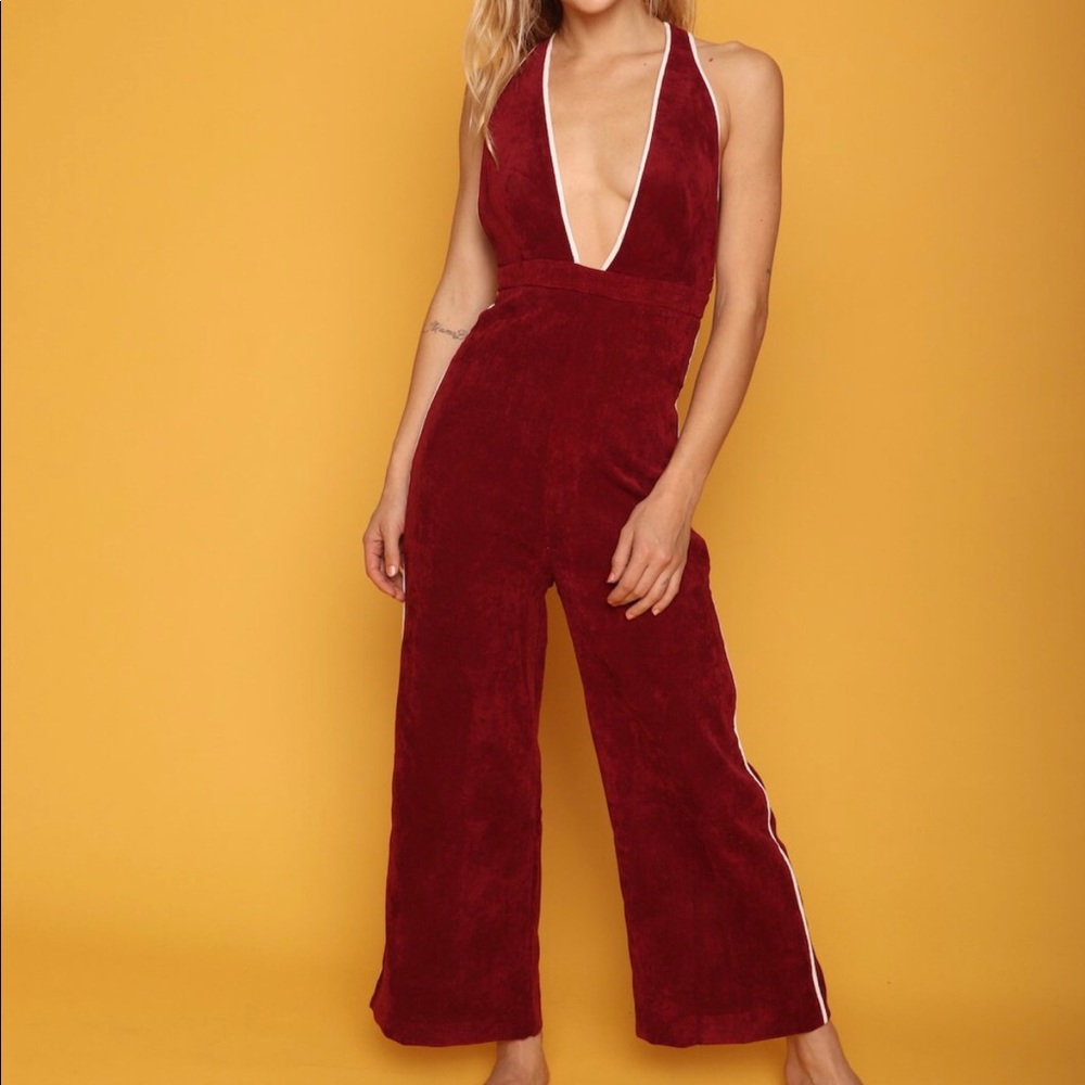 Red Corduroy Jumpsuit with Cream Piping